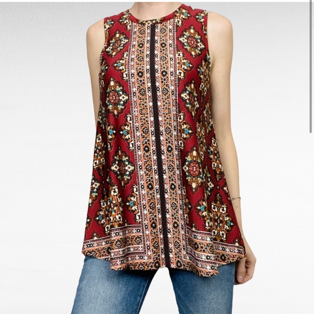 I.N. San Francisco Multicolored Burgundy Boho Chic
Printed Sleeveless Tunic Top